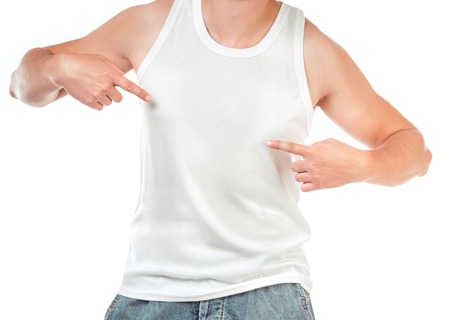 white t-shirt on a young man isolatedの写真素材