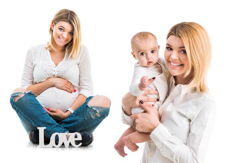 collage photo of a pregnant woman and after half a year with her baby