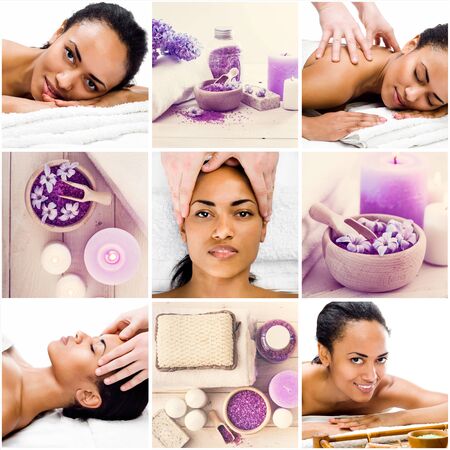 Collage of photos girl in spa salon enjoys massageの写真素材