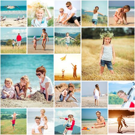 Collage of photos summer vacation with his family at sea and in the meadowsの写真素材