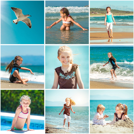 photo collage of girl playing with her sister on the beach and in the poolの写真素材
