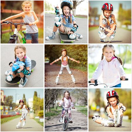 photo collage of little girl riding a bike and skateboard rollersの写真素材