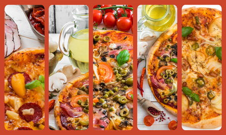 photo collage of different kinds of pizzaの写真素材