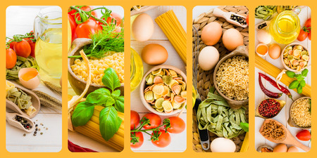 photo collage egg pasta vegetables and spicesの写真素材