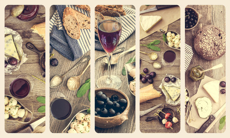 French cuisine collage. Different types of cheese, wine and other ingredients on a wooden tableの写真素材