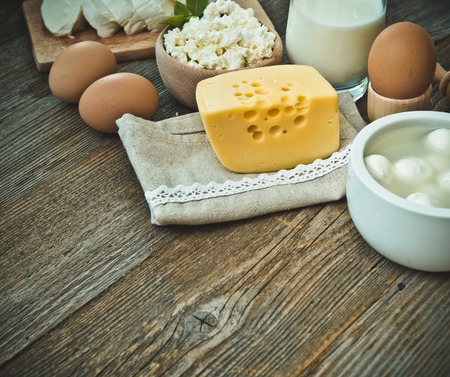 milk products on old wooden table. top viewの写真素材