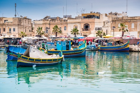 MARSAXLOKK HARBOR, MALTA - MAY 24: Fishing boats in Marsaxlokk harbor. Malta on May 24, 2015.のeditorial素材