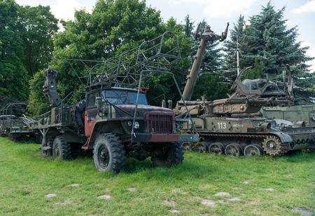 KRAKOW MUSEUM OF AVIATION, POLAND - JUL,  2015:  Exhibition cars in the aviation Museum in Krakow, Poland on July, 2, 2015. In summer often airshows take place here.のeditorial素材