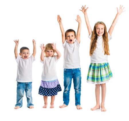smiling children with arms up isolated on white backgroundの写真素材