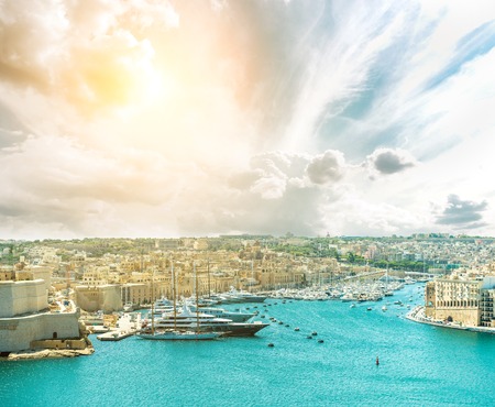 panoramic view on Valletta from the sea in Maltaの写真素材