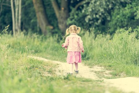 Cute little girl on the meadow in summer dayの写真素材