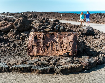 signboard of Cueva de los Verdes in Lanzarote, Canary Islands, Spainの写真素材