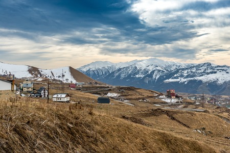 Scattered buildings in Kazbegi mountains, Georgiaの写真素材