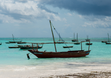 landscape with fishing boats on the shore, Zanzibar