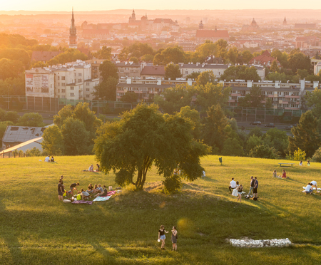 park full of students resting in Krakow, Polandのeditorial素材