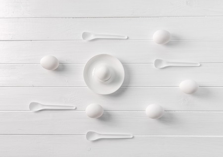 Composition of white eggs lying in order, topviewの写真素材