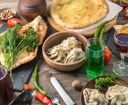 tatar khinkali, khachapuri, on the table, topviewの写真素材