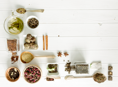 Collection of tea and measurements, copyspace, topviewの写真素材