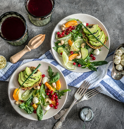 Vegetarian dinner - salad and wineの写真素材