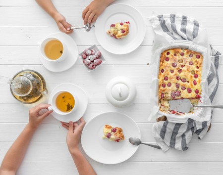 Children have breakfast cottage cheese casseroleの写真素材