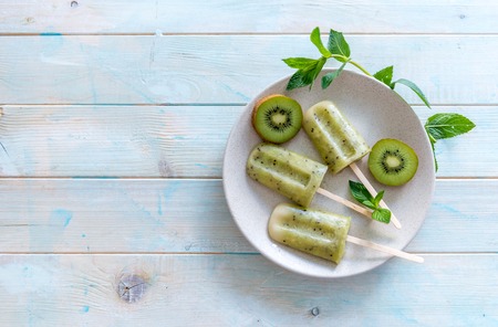 homemade ice cream with kiwi, copyspace, topviewの写真素材