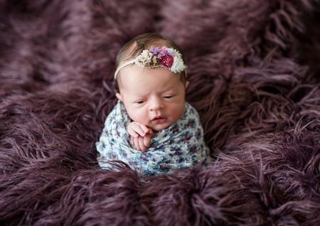 Cute newborn baby girl wrapped in floral cocoon