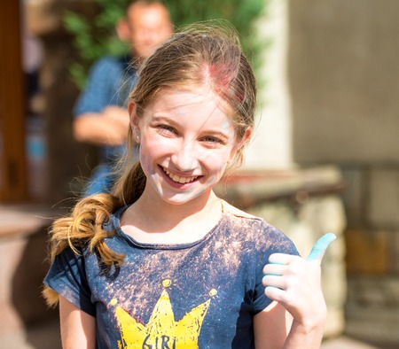 People celebrating Holi color festival in Kharkiv, Ukraine.のeditorial素材