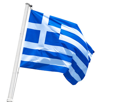 Greek flag on flagpole isolated on white backgroundの写真素材