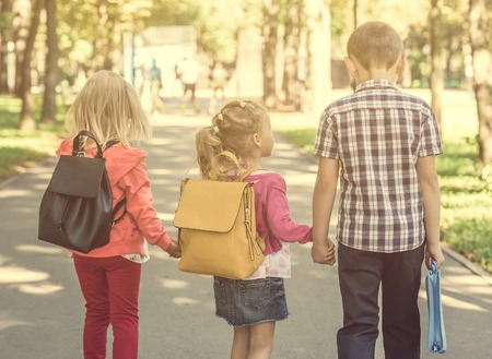 Little pupils walking home from schoolの写真素材