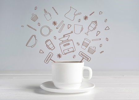 A white cup of brewed coffeeの写真素材