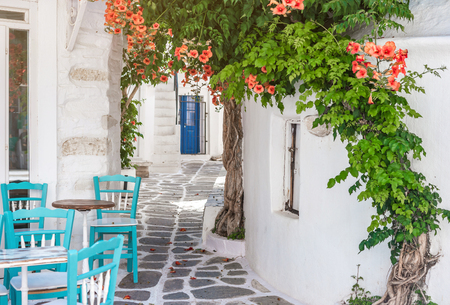 Narrow street with white houses, Greeceの写真素材