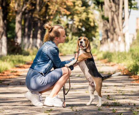 Blond girl sitting with puppyの写真素材