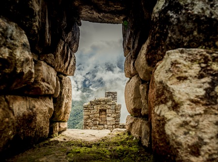 Incas architecture in front of Huayna Picchuの写真素材