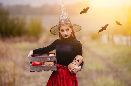 Girl dressed in witch with pumpkinsの写真素材