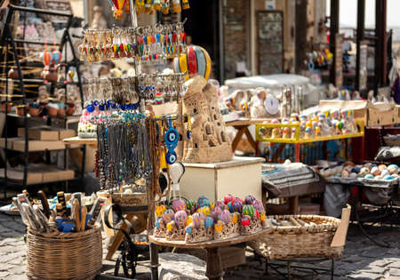 Colorful souvenirs selling on marketの写真素材
