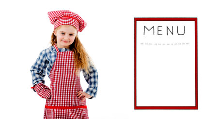 Little girl standing beside menu sketchの写真素材