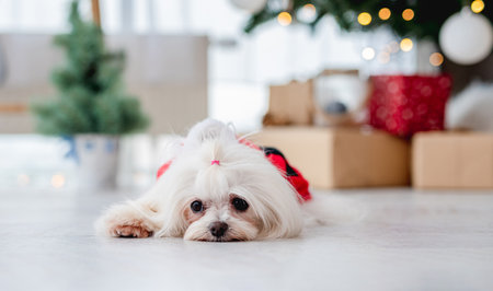 Dog near christmas tree at homeの写真素材
