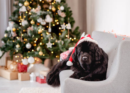 Dog near christmas tree at homeの写真素材