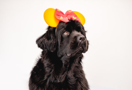 Newfoundland dog wearing bright bow hoop