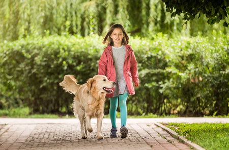 Little girl with dog going along alleyの写真素材