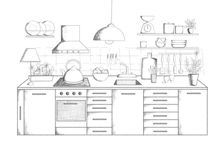 Kitchen interior sketch on white backgroundの写真素材