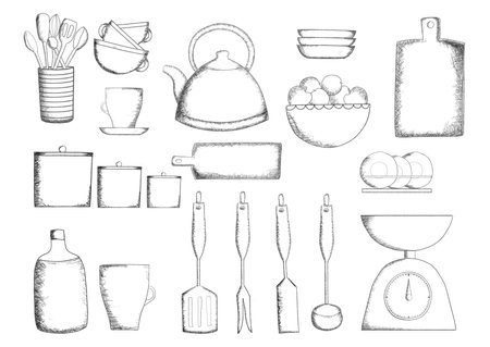 Kitchen utensil set drawn on whiteの写真素材
