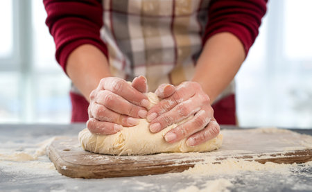 Woman kneading dough for homemade bakingの写真素材