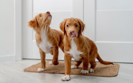 Couple of toller puppies at homeの写真素材