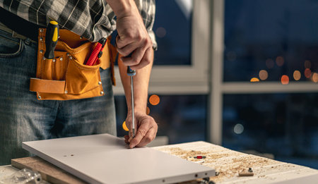 Man working during process of furniture manufacturingの写真素材