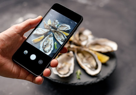 Oysters with lemon on platterの写真素材
