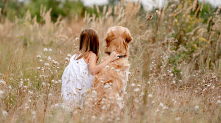 Girl with golden retriever dogの写真素材