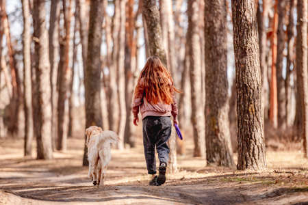 Girl with golden retriever dog in the woodの写真素材