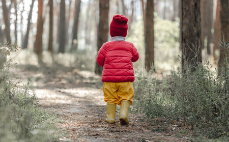 Little girl walking in the forestの写真素材