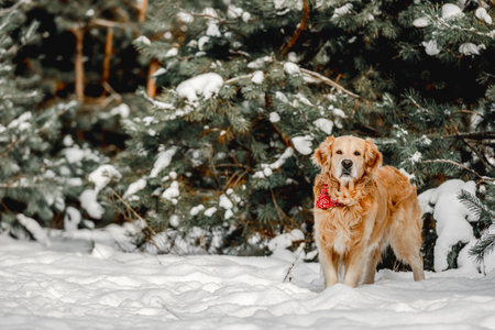 Golden retriever dog in winter timeの写真素材